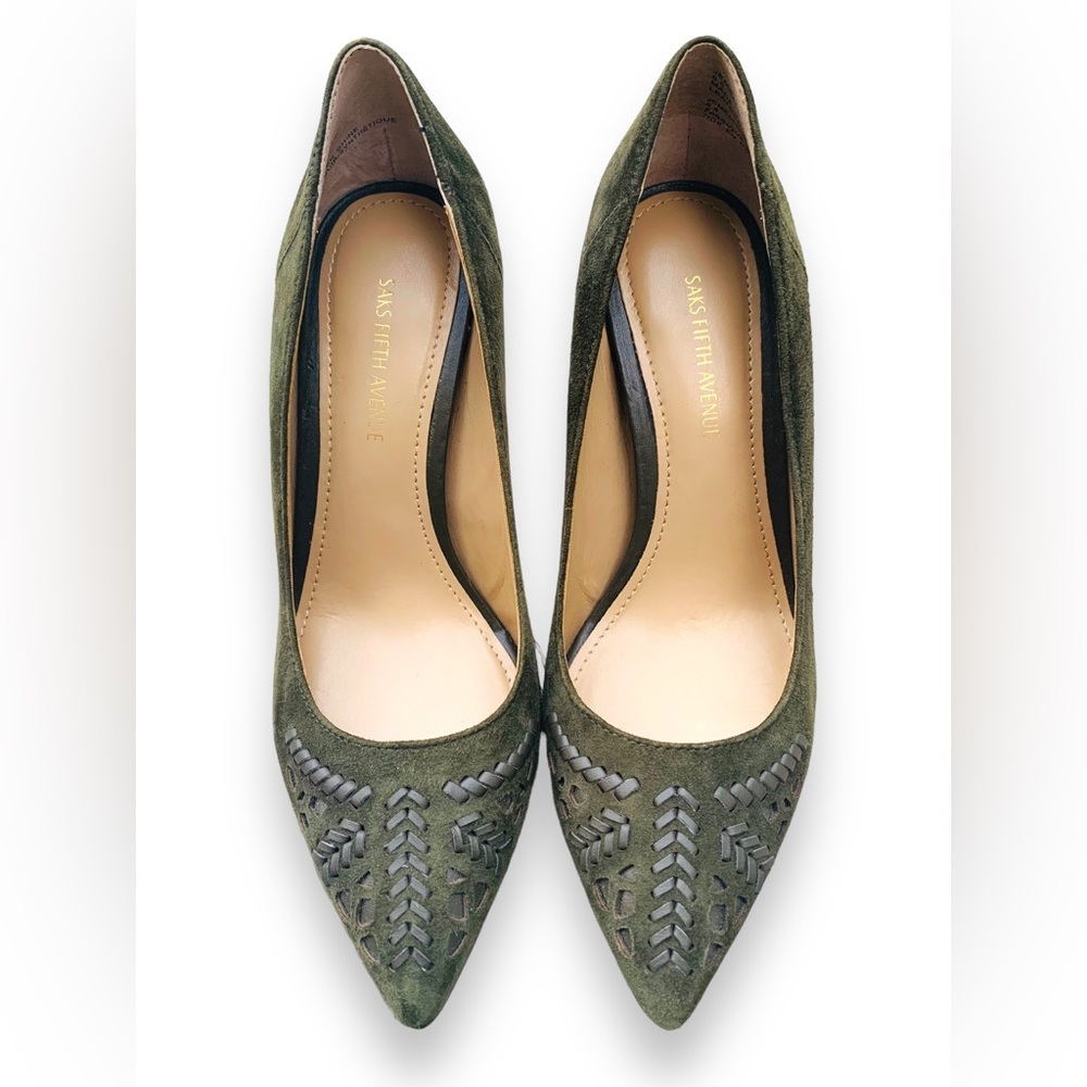 Saks Fifth Avenue Olive Green Suede Braided Heels Size 6.5 - Picture 2 of 10